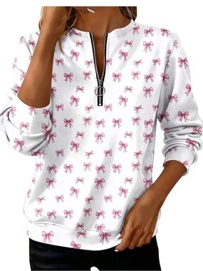 Brand New!  Never worn!  Zip-Front White Pullover Sweatshirt with Pink Bow Print